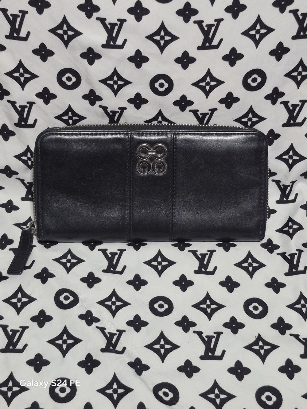 Coach Black Zip-Around Leather Wallet with Silver Emblem